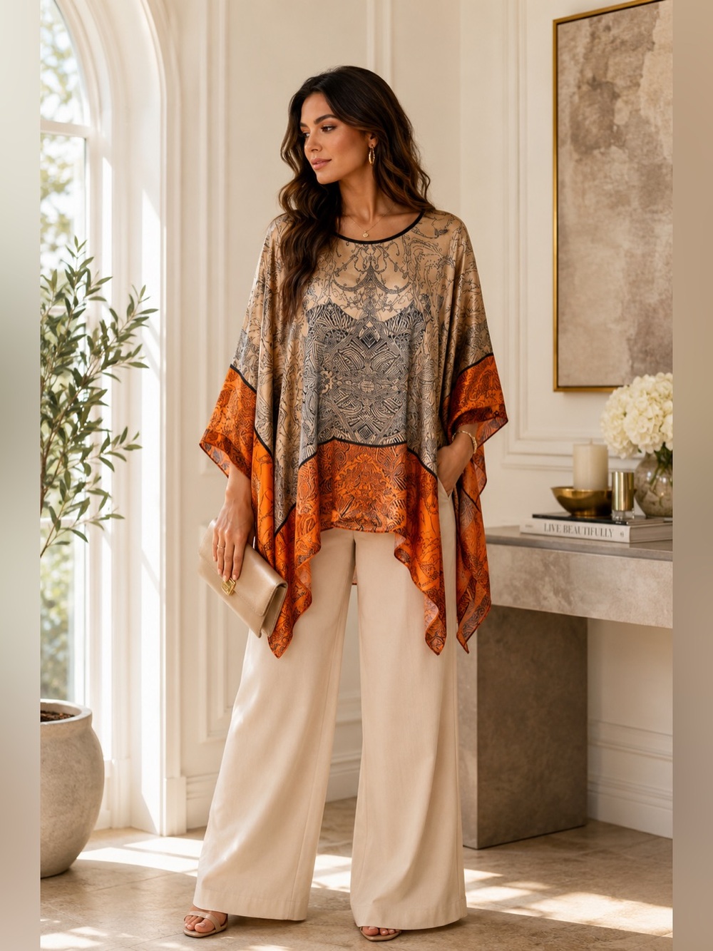 Boho-Print Orange and Beige Flowing Poncho Top
